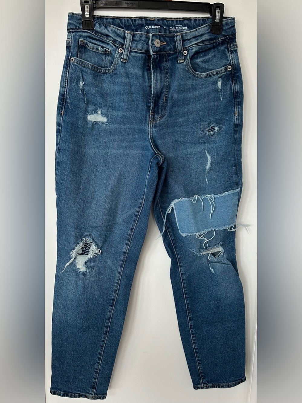 Women’s Old Navy Distressed Patchwork Blue Jeans - OG Straight - Size 6